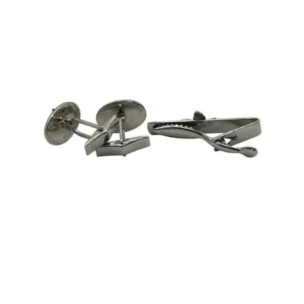 Sterling Silver Maple Leaf Cufflinks & Tie Clip Set With Enamel Accents